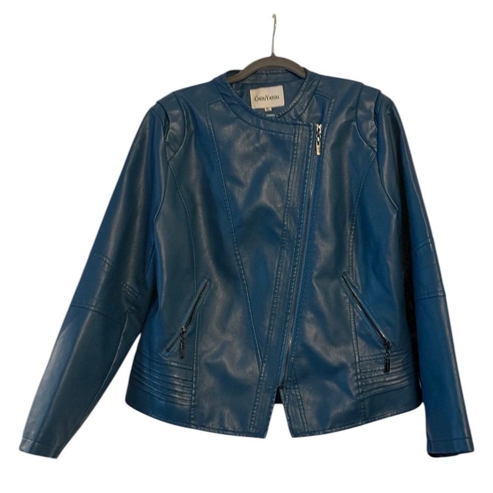 ChouYatou Women's Teal Leather Jacket